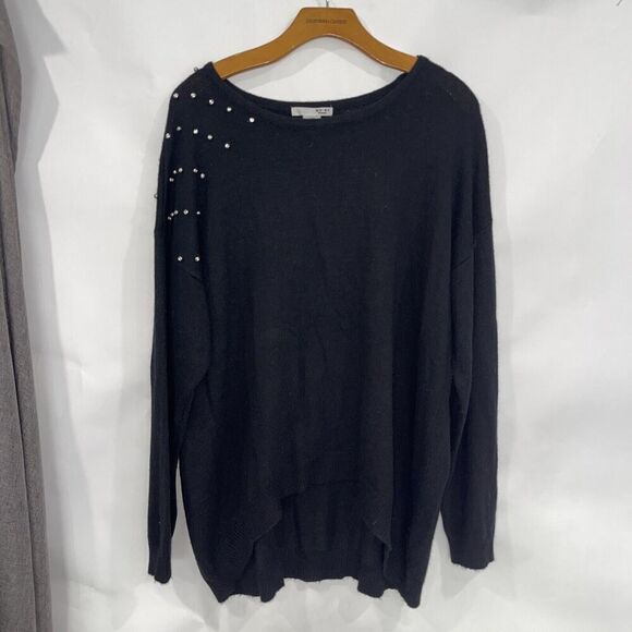 Women Plus 2X Black Sweater Angora Blend Rhinestone Studded Round Neck Event - Picture 1 of 10